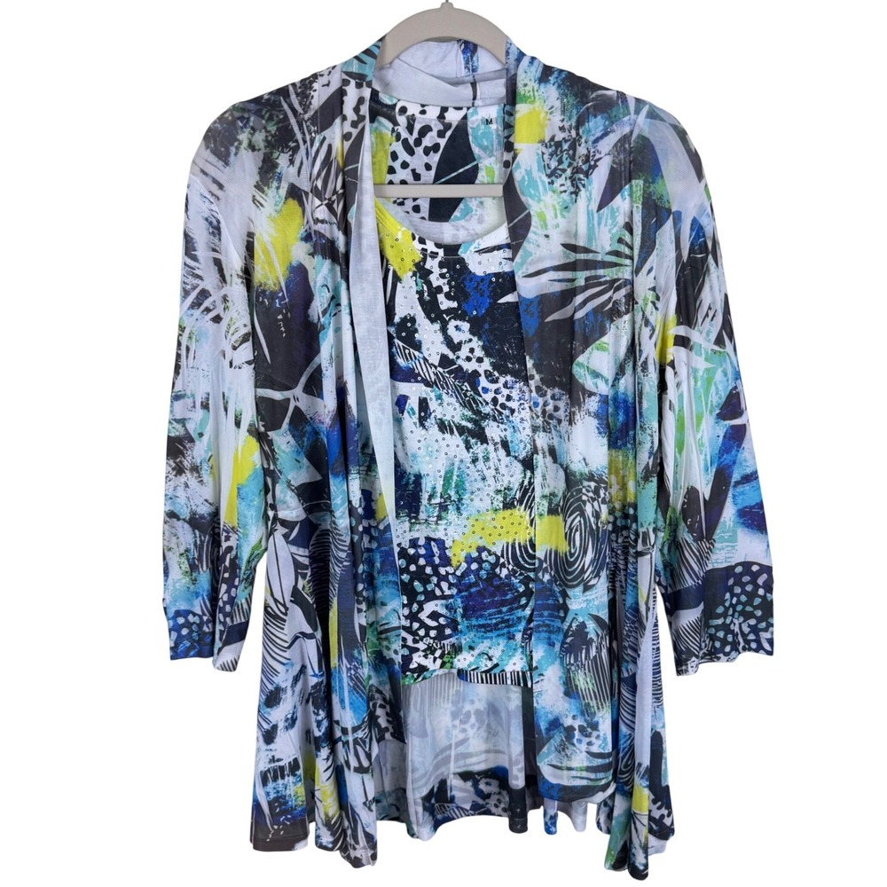 Jess & Jane Womens Medium Abstract Print Sequin 2pc Tank & Open Blouse Set